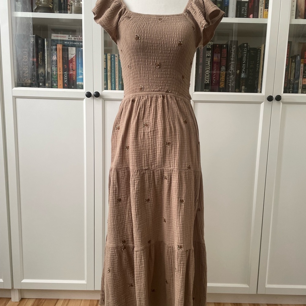 Women’s Maxi Dress — Tan Floral Smocked Bodice